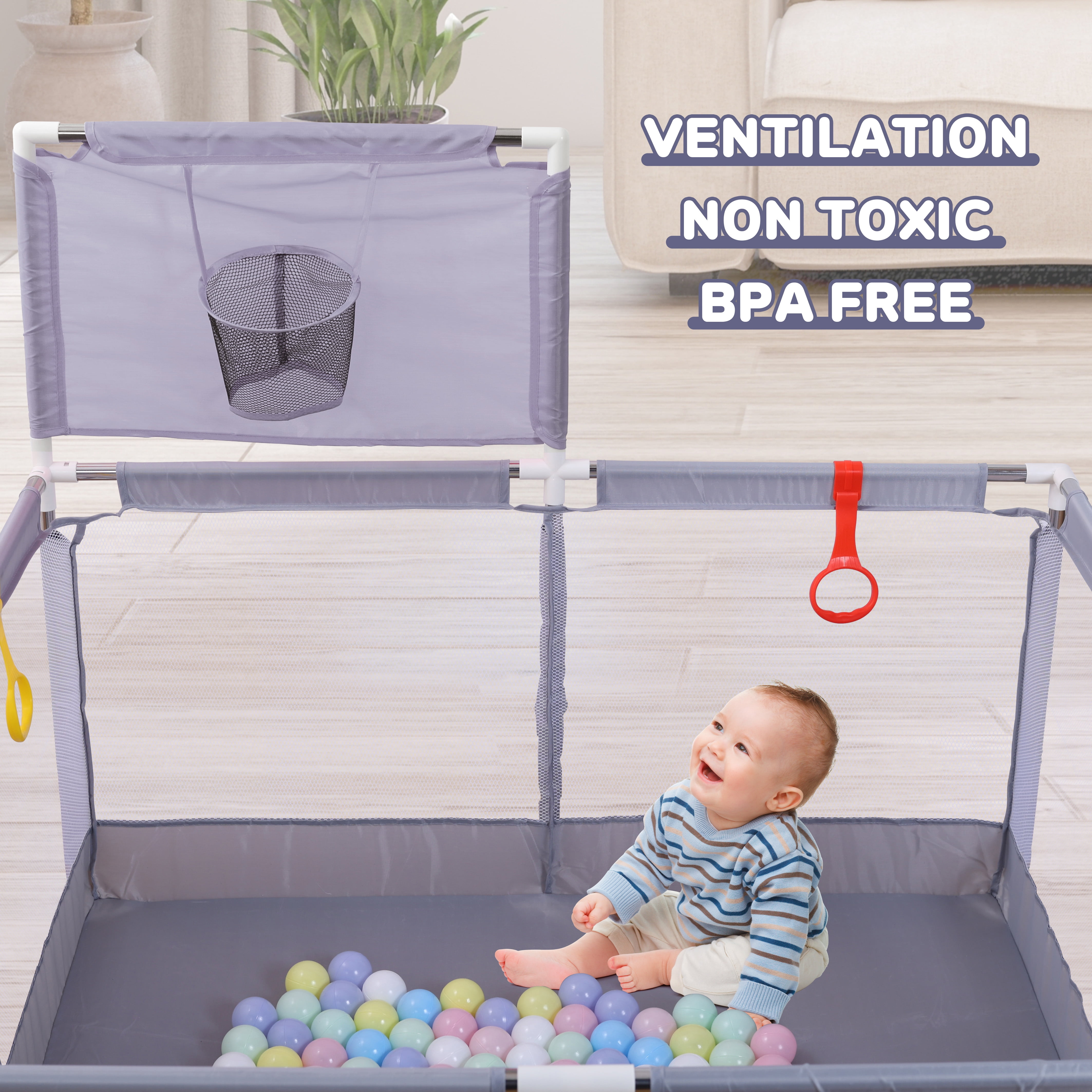 JoyStone 50 x 50 Baby Playpen with 30 Ocean Balls, Soft Mesh Sides, Basketball Hoop & Pull Rings, Indoor Baby Fence for Toddlers, Grey