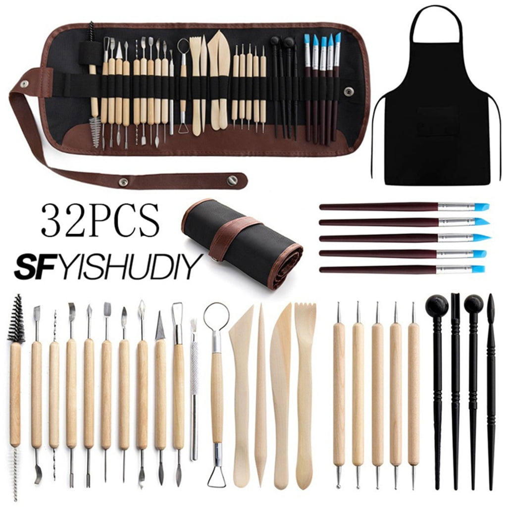 32Pcs Pottery Clay Sculpting Tools Pottery Carving Tools wtih Apron and Bag