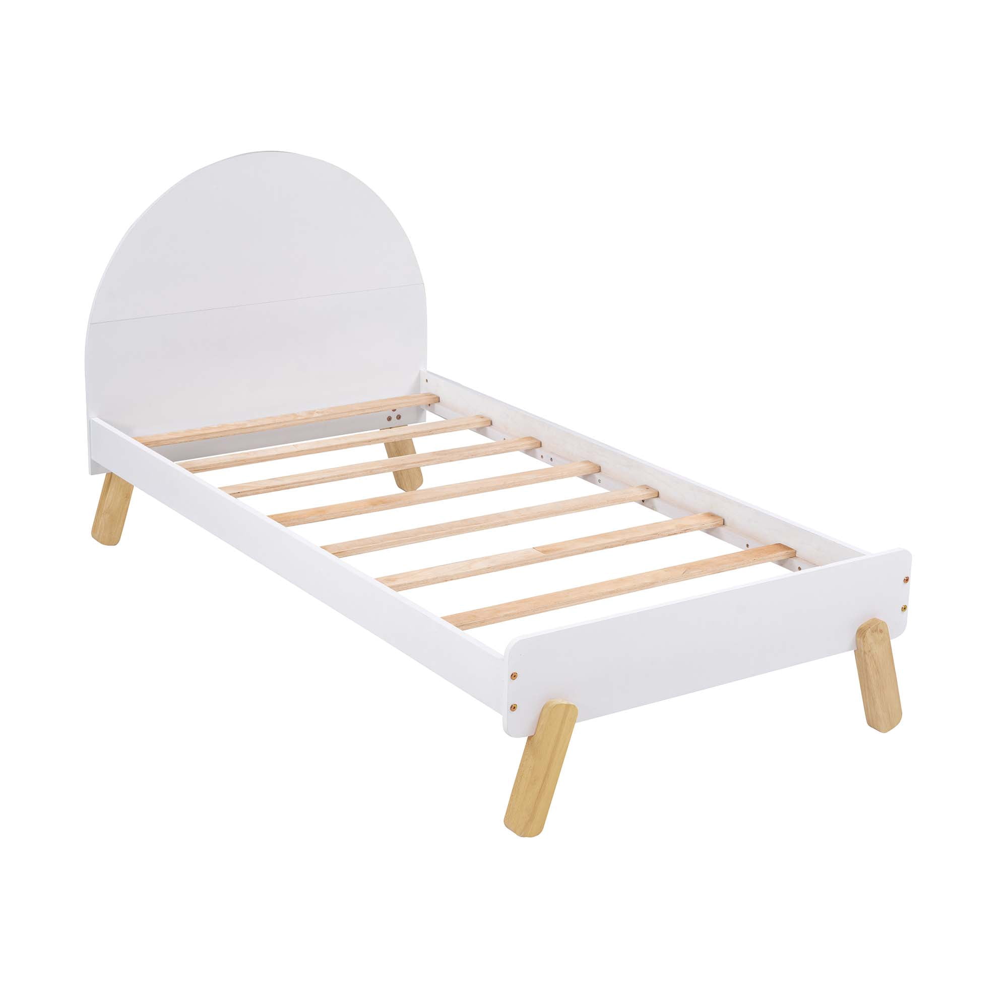 Aukfa Platform Bed for Kids, Twin Bed Frame with Semi-circular Headboard, Wooden - White