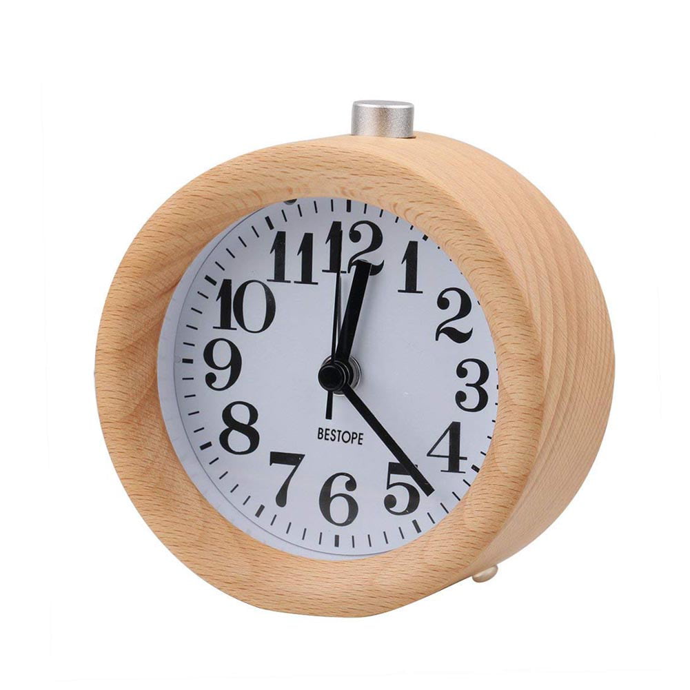 Small Alarm Clock with Night Light Wood Classic Round Silence Table Clock Snooze 