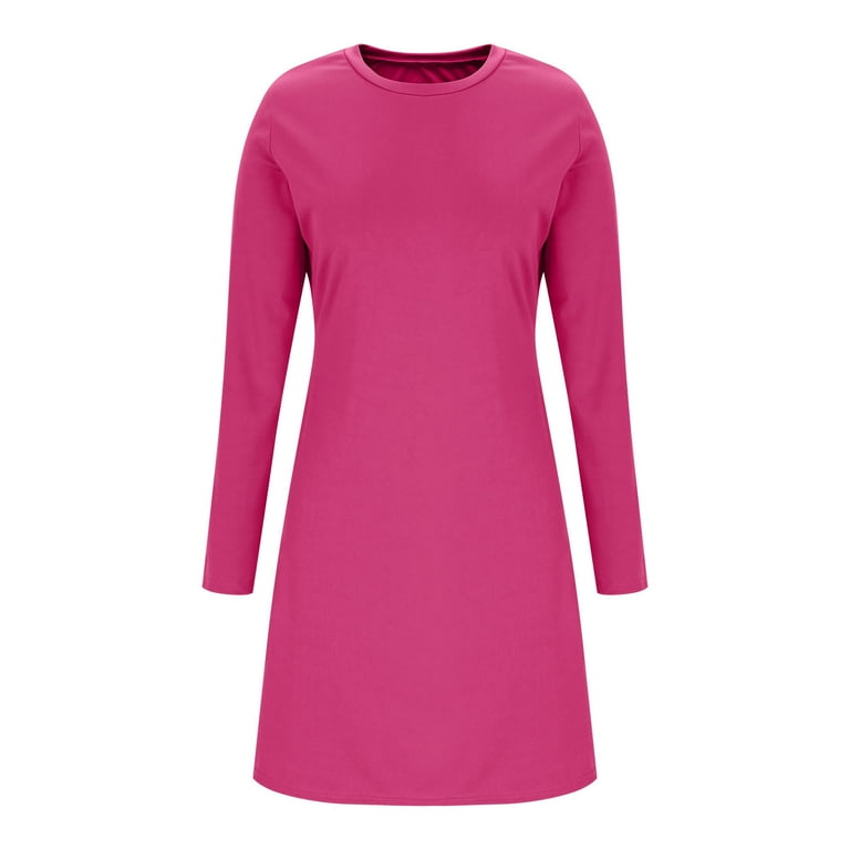 T-Shirt Dresses for Women Casual Long Sleeve Dress Trendy Fall Fashion Cozy  Loose Fitting Fall Crewneck Mini Dress S-245 Hot Pink-A XL - Walmart.com