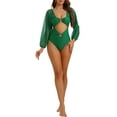 thumbnail image 2 of Bikini de una pieza con escote en V y anillo recortado para mujer, con mangas largas, control de abdomen, traje de baño de malla, color verde, tamaño mediano, 2 of 5