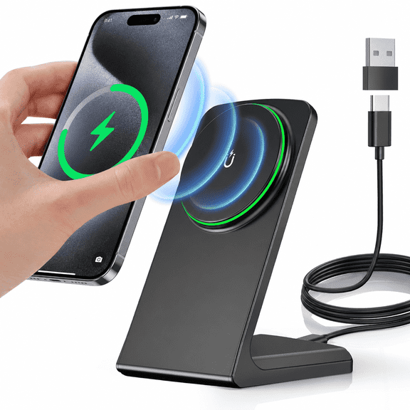Wtuhu 2 in 1 Magnetic Wireless Charger Stand, 15W Fast Charging Station with Sleep Friendly LED, Magnetic Phone Holder Compatible with iPhone 17 16 15 14 13 12 Series and AirPod