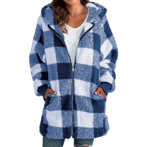 Women's Coat Soft And Comfortable Long Sleeve Plaid Hooded Zipper Loose Coat With Pockets