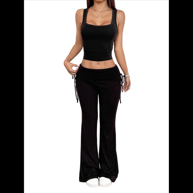 Traje Deportivo de Dos Piezas para Mujer con Chaleco y Leggings Anchos Traje para Chica Atractiva Negro L
