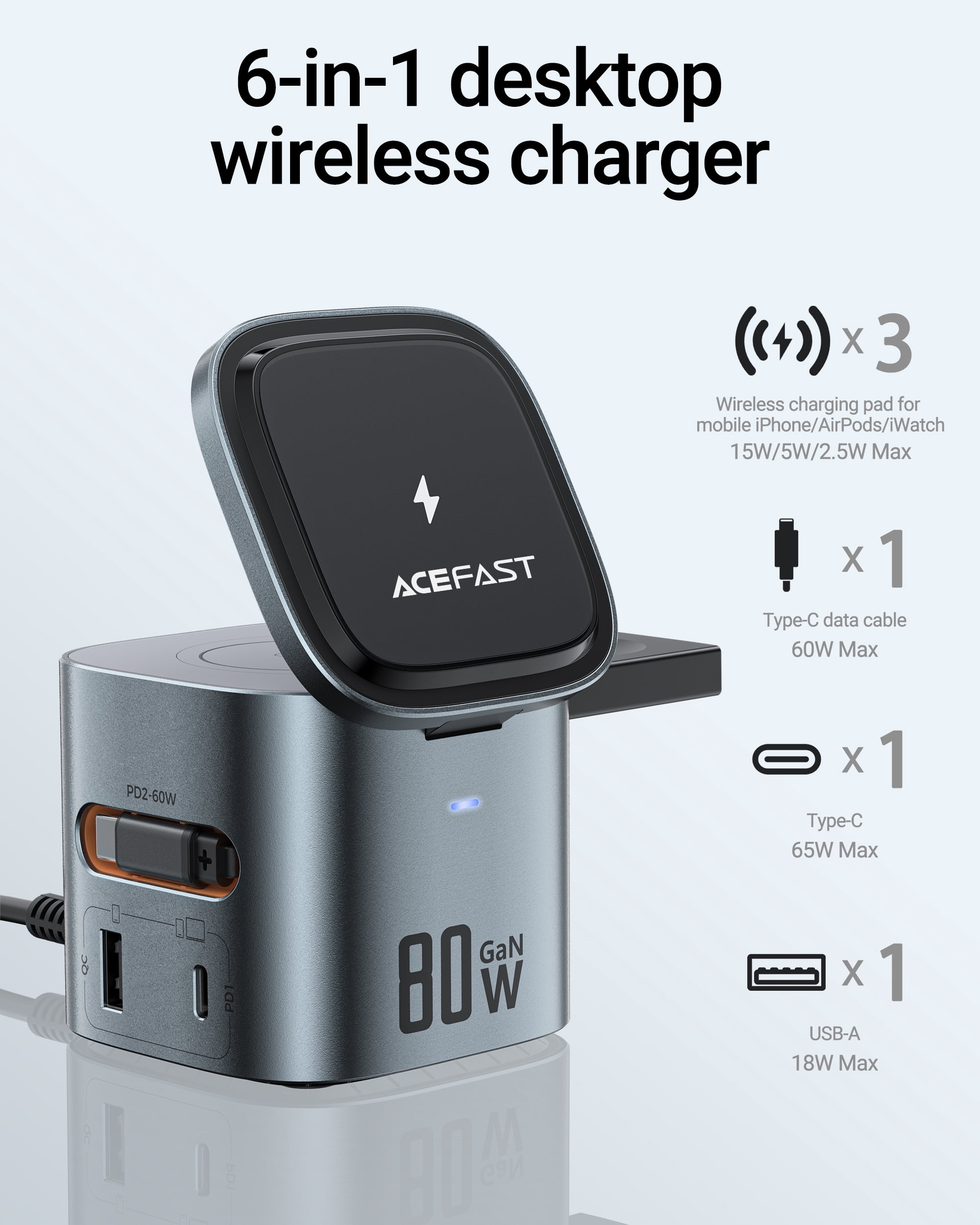 ACEFAST GaN 80W Fast Charging Station for Multiple Devices, 6-in-1 Cube Magnetic Wireless Charger with Retractable 65cm Cable for Smartphones, Laptops, iWatch and Air pods