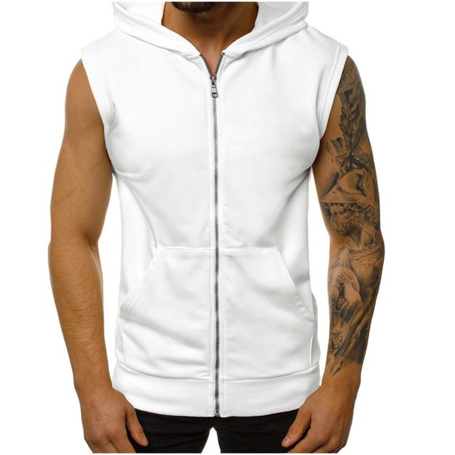 pstuiky Camiseta sin mangas para hombre, Top sin mangas con capucha, cremallera y bolsillos de color liso para hombre Tops elegantes para mujer l