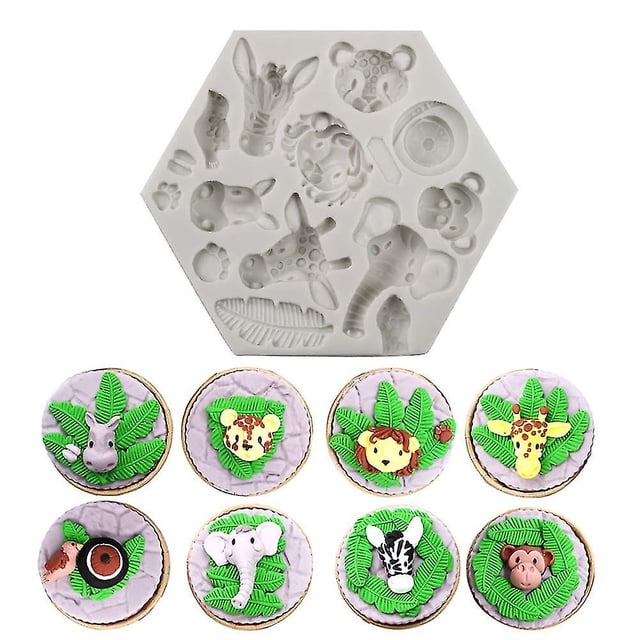 Paquete de 2 moldes para decorar tartas con fondant de animales del bosque, molde de silicona con animales del zoológico