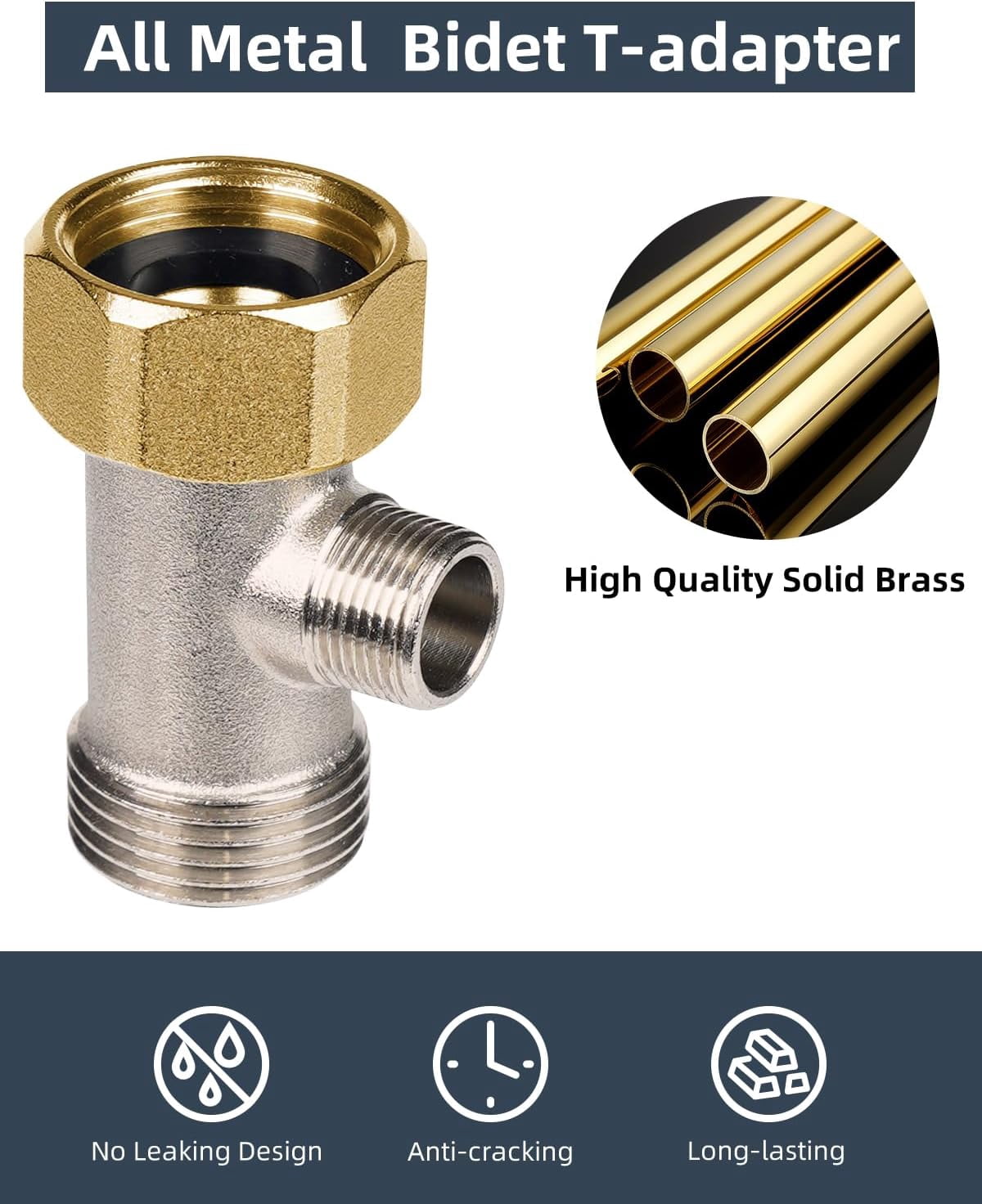 Metal Bidet T Adapter 3 Way Tee Connector for Bidet Attachment 7/8 Inch x 7/8 Inch x 3/8 Inch 15/16 Inch x 15/16 Inch x 9/16 Inch for Toilet