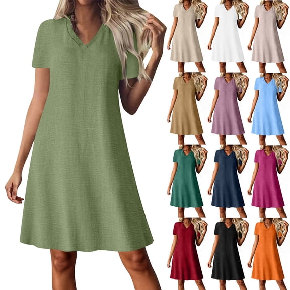 Horkkom A Line Dresses for Women V Neck Short Sleeve Zipper Mini Dresses Casual Beach Vacation Sundresses L