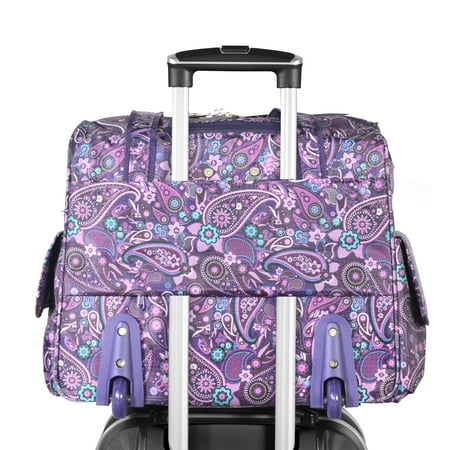 Olympia Deluxe Fashion Rolling Overnighter Luggage Suitcase with 15.6 Inch Laptop Pocket and Smart Storage Organizer, Purple Paisley