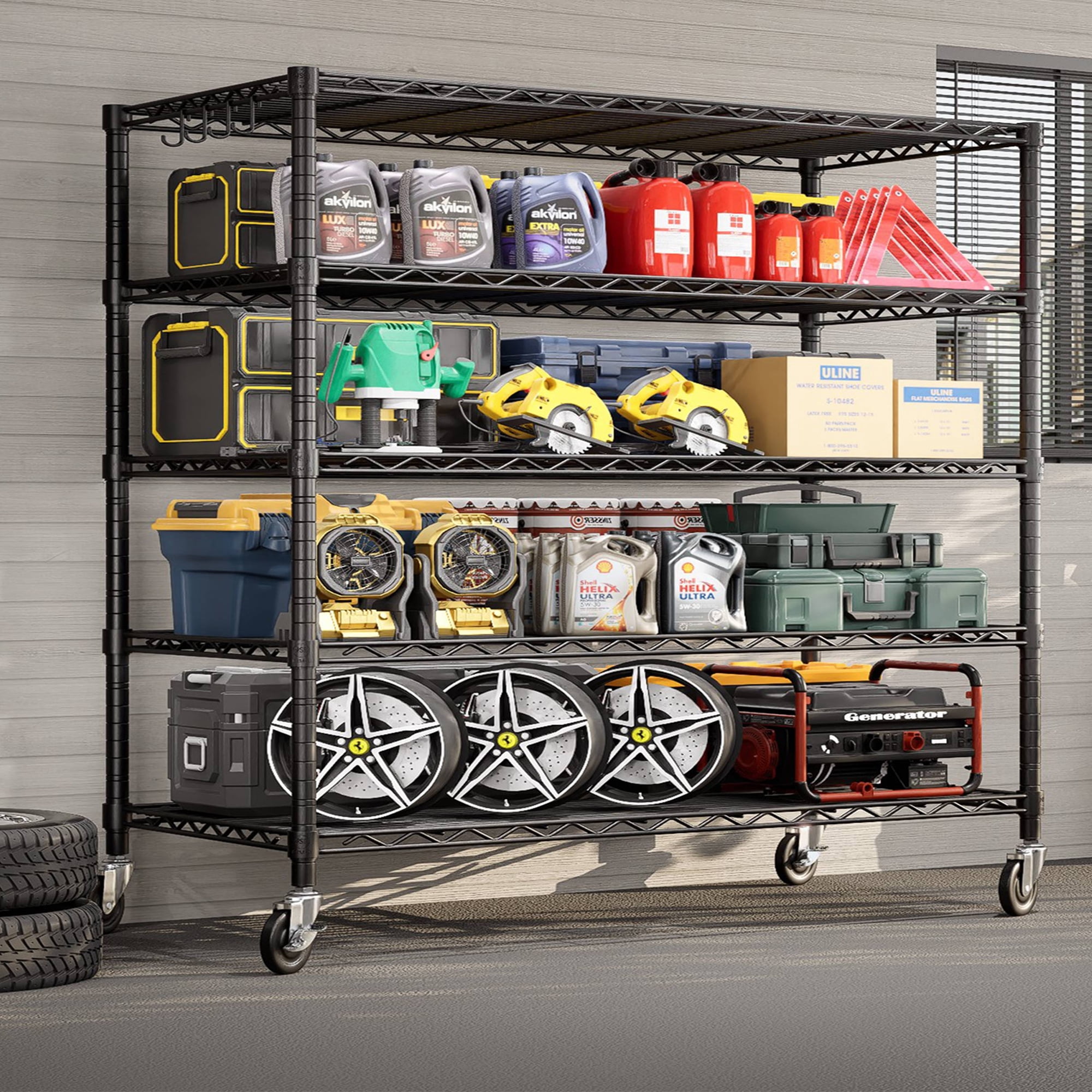 TrumanPick 5-Tier Storage Shelves, 48"W x 24"D x 76"H Metal Garage Shelving with Wheels, Heavy Duty Wire Shelving Rack for Kitchen, Black