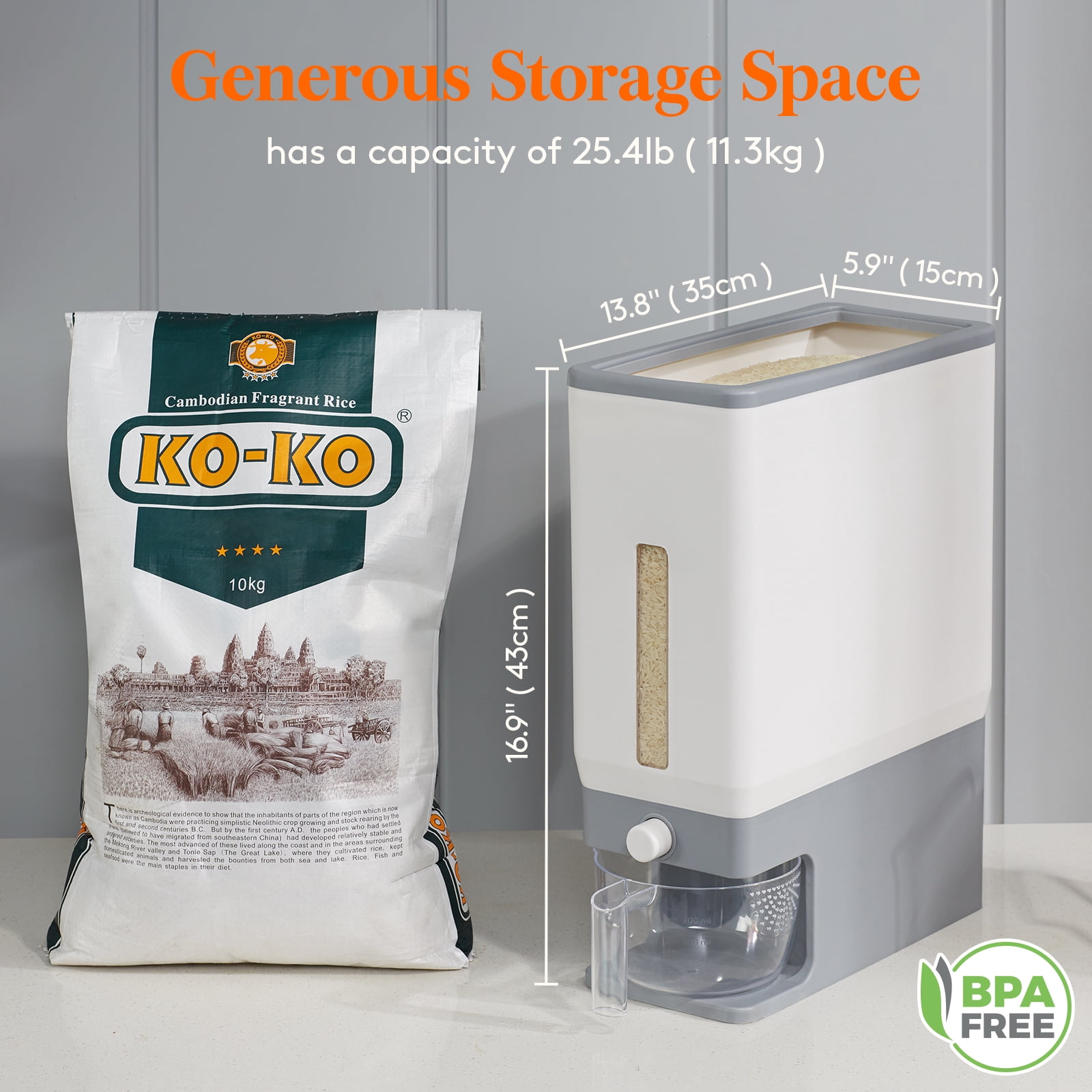 Leaglojoy 25 lbs Rice Dispenser, Airtight BPA-Free Storage Container for Rice, Cereal, and Kitchen Pantry