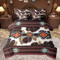 jejeloiu Mondern Aztec Geometric 7-Piece Bedding Comforter Set,Rustic Farmhouse Cowhide King Bedding Sets,Red Abstract Stripes Bed Sheets For Men Women,Breathable Home Decor Reversible