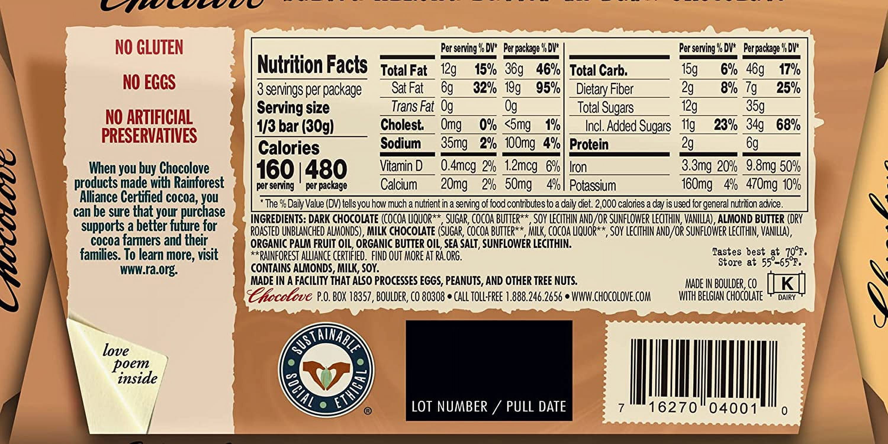 Chocolove, Salted Almond Butter in Dark Chocolate, 55% Cocoa, 3.2 oz Pack of 3