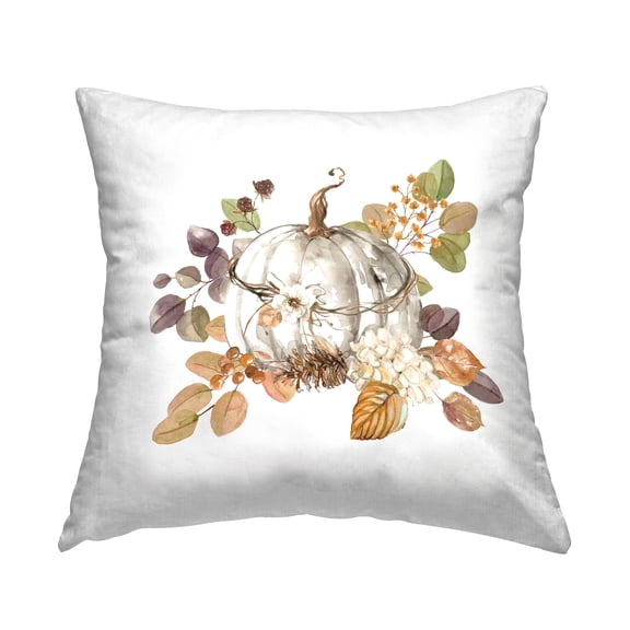 Stupell Industries Pumpkin & Florals on White Decorative Printed Throw Pillow, 18 x 18