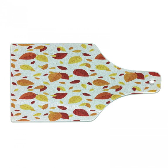 Leaf Cutting Board, Colorful Fall Autumn Leaves on White Background Seasonal Design Modern Art, Decorative Tempered Glass Cutting and Serving Board, Wine Bottle Shape, Red Orange Yellow, by Ambesonne