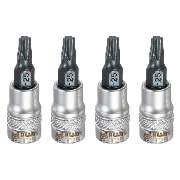 Uxcell 4Pcs Torx Bit Socket 1/4" Drive T25 S2 Acero Estrella Cabeza Destornillador Brocas Adaptador de Socket de Acero CR-V para Reparación de Tuercas y Tornillos de Eje de Auto