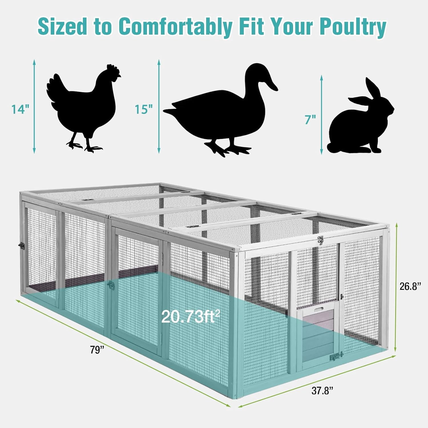 Aivituvin 20.7 sq ft Chicken Coop Run Extension for Outdoor, Heavy Duty Metal Chicken Run with Safety Lock Doors, 79"x38"x27"