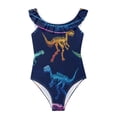 thumbnail image 3 of Girls Ruffle One Piece Swimsuit, Stretchy Fabric for Beach & Pool Activities Vividly Colored Dinosaur Bones, 3 of 8