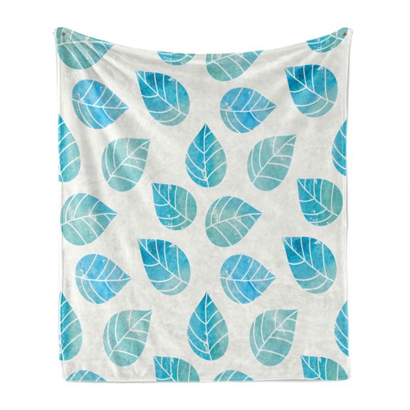 Watercolor Soft Flannel Fleece Blanket, Fallen Forest Tree Leaves with Spring Inspired Color Scheme Deciduous Life Theme, Cozy Plush for Indoor and Outdoor Use, 50" x 70", Aqua White, by Ambesonne