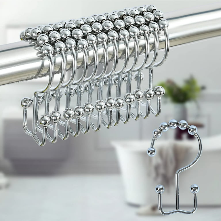 Shower Curtain Hooks Double Sided Shower Curtain Hooks Dual Curtain Hooks  Decorative Hooks Roller Ball and Rust Proof Hooks Set of 12 (Chrome)
