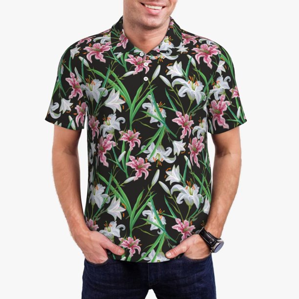 Balery Lilies Flowers Camisa Polo de Hombre con Estampado, de Manga Corta y Tejido Medio, Camisa Tipo Golf Polo-Large