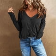 thumbnail image 4 of Women's Long Sleeve Blouses V Neck Tops Casual Loose Cotton Blended Comfort Basic T-Shirt Solid Plain Tee Tops Black,2XL, 4 of 7