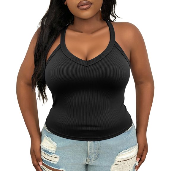Women's Plus Size V Neck Ribbed Halter Tank Top, Sleeveless Cropped Fitted Cami for Summer, for Going Out, Layering or Casual Daily Wear (without Padding) Black XXXL