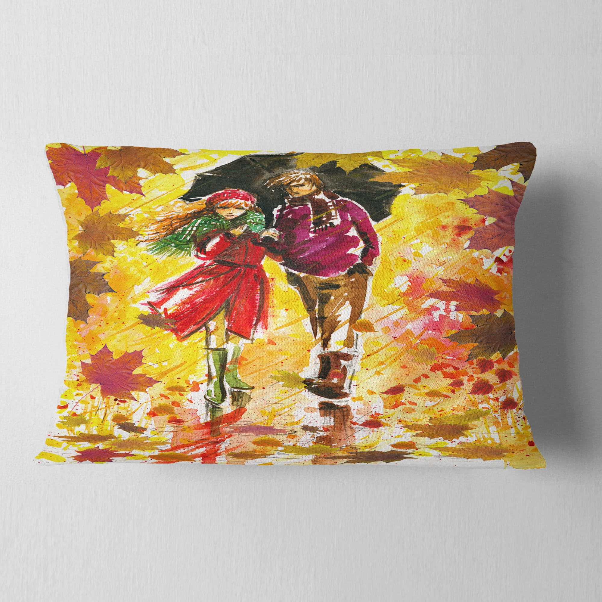 Designart Autumn Walk of Couple - Landscape Printed Throw Pillow - 12x20
