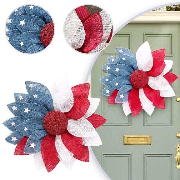 KUNPENG 4th of July Patriotic Wreath for Front Door, Independence Day Red White and Blue Ribbon Mesh Wreath, American Flag Decor for Memorial Day Veterans Day Summer Porch Wall Ornament