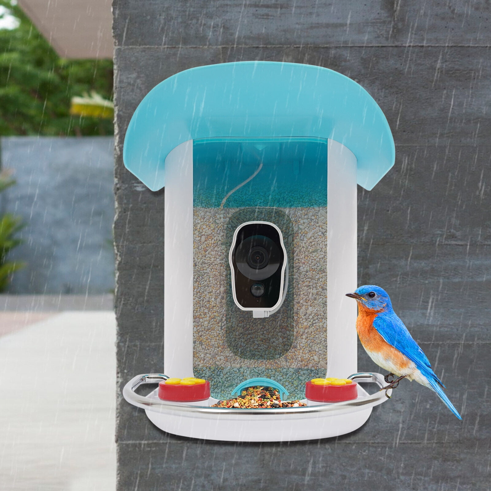 Blue&White Modern Smart Bird Feeder - 1080P 2MP Camera,150° Wide Angle,AI Bird Recognition (11000+ Species),Solar/USB Powered,IP65 Waterproof,2.5L Capacity for Outdoor Bird Watching
