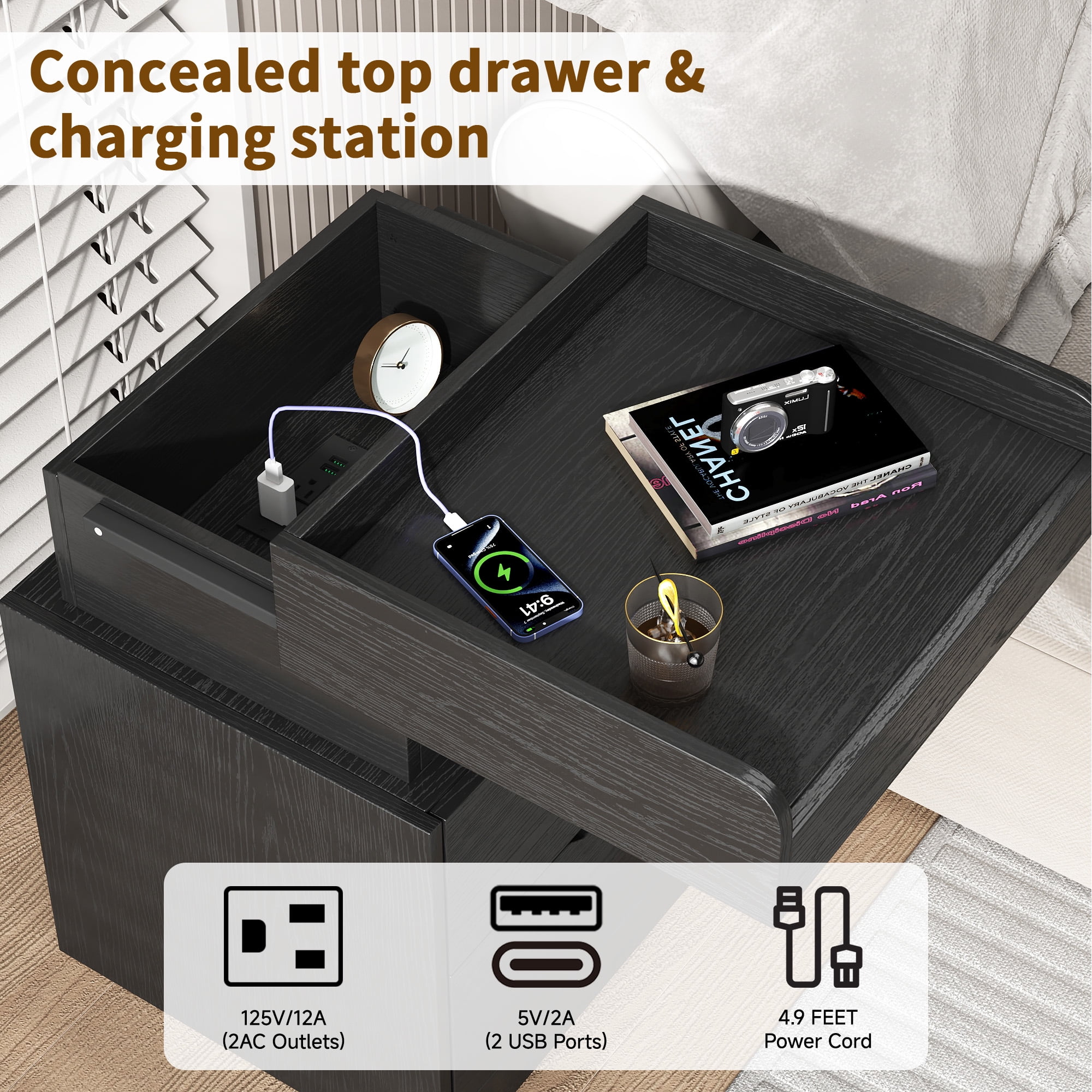 NEGYLIM Nightstand with Charging Station & Multi-Color LED Lights, Bedside Tables for Bedroom Modern Style with 2 Wooden Drawers & a Sliding Top, End Tables for Living Room, Black