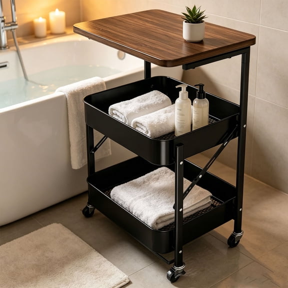 Zehiseta Bathroom Storage Cart, Foldable Rolling Organizer Trolley with Wood Top Lockable Wheels