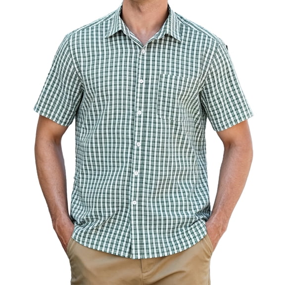 Mens Button Down Short Sleeve Shirts Green Plaid Shirts for Men Dress Shirt Oxford Collar with Pocket XL