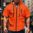 thumbnail image 2 of Zip Up Hoodies for Men Short Sleeve Drawstring Hoodie Workout Gym Athletic Fashion Jackets Summer Soft Shirts with Multi-Pocket Design Saffron M, 2 of 4