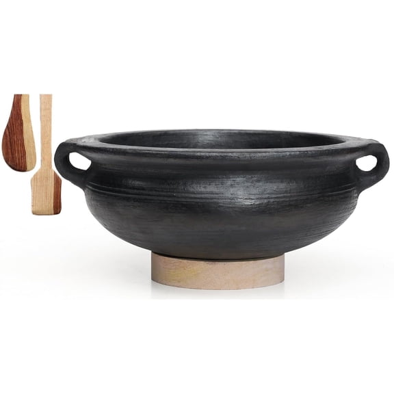 Deep Burned Uncoated Clay Pot With Handle Or Mitti Handi With 2 Spatulas Complimentary For Cooking & Serving - Black, 1 Liter | Pre-seasoned Mud Pot - Unglazed, Double Fired, Hand Crafted