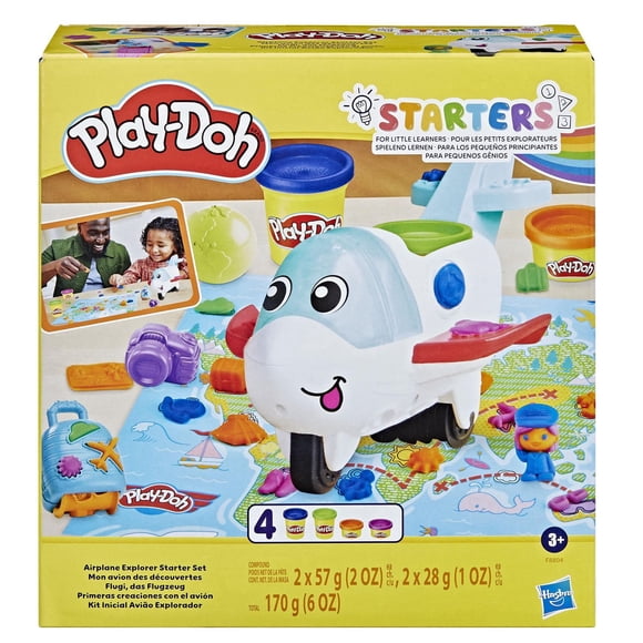 Play-Doh, coffret Starter Mon avion des découvertes, jouets préscolaires pour filles et garçons avec avion, tapis d'activité carte du monde, 3 accessoires et 4 couleurs de pâte à modeler, à partir de