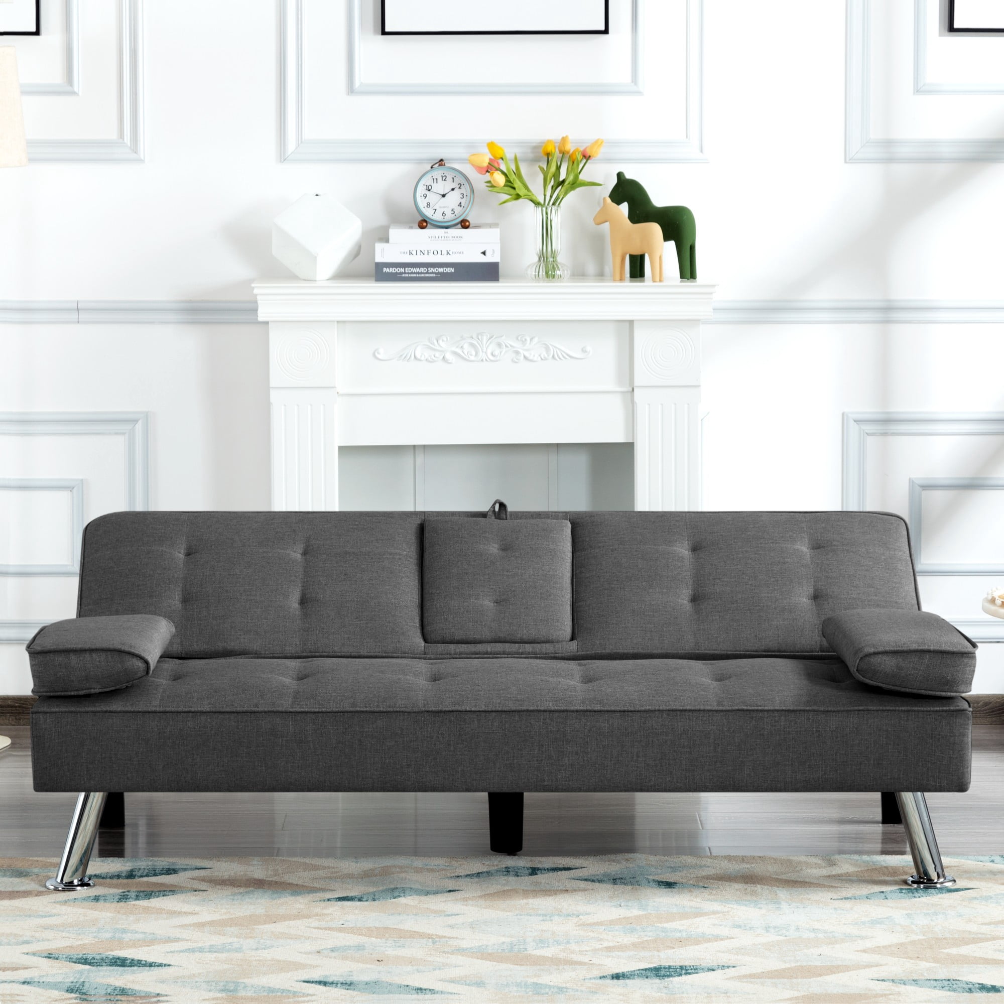 Gewnee 65.3" 3‑in‑1 Convertible Futon Sleeper Sofa, Polyester Foldable Sleeper Couch with Adjustable Backrest,Sofa Bed with Cup Holders & Storage Bag for Small Apartments，Dark Gray