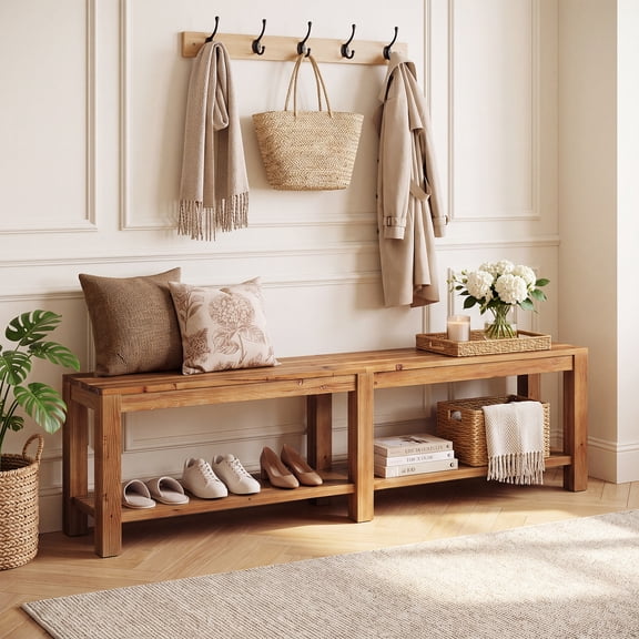 Finmind Solid Wood Entryway Bench, 70.87-Inch Long Farmhouse Shoe Bench with Storage Shelf for Entryway, Living Room, Bedroom, Easy Assembly, Brown