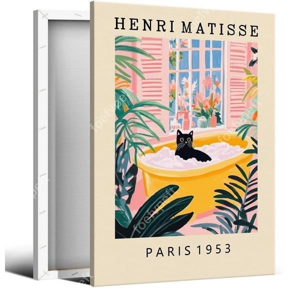 Aaheei Vintage Henri Matisse Canvas Wall Art, Funny Black Cat Bathroom Poster, Cute Cat In Bathtub Print, Pink Green Dopamine Bathroom Wall Decor, Tropical Botanical Floral Picture Wrapped Canvas