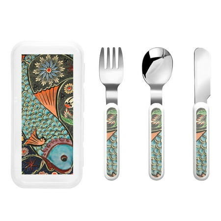

Gaeub Rich Fish Print 3-Piece Children Knife Spoon Fork Set Stainless Steel Child Flatware Set Kids Utensils Set with Case for Lunch Box (Fork Spoon Knife Combo)