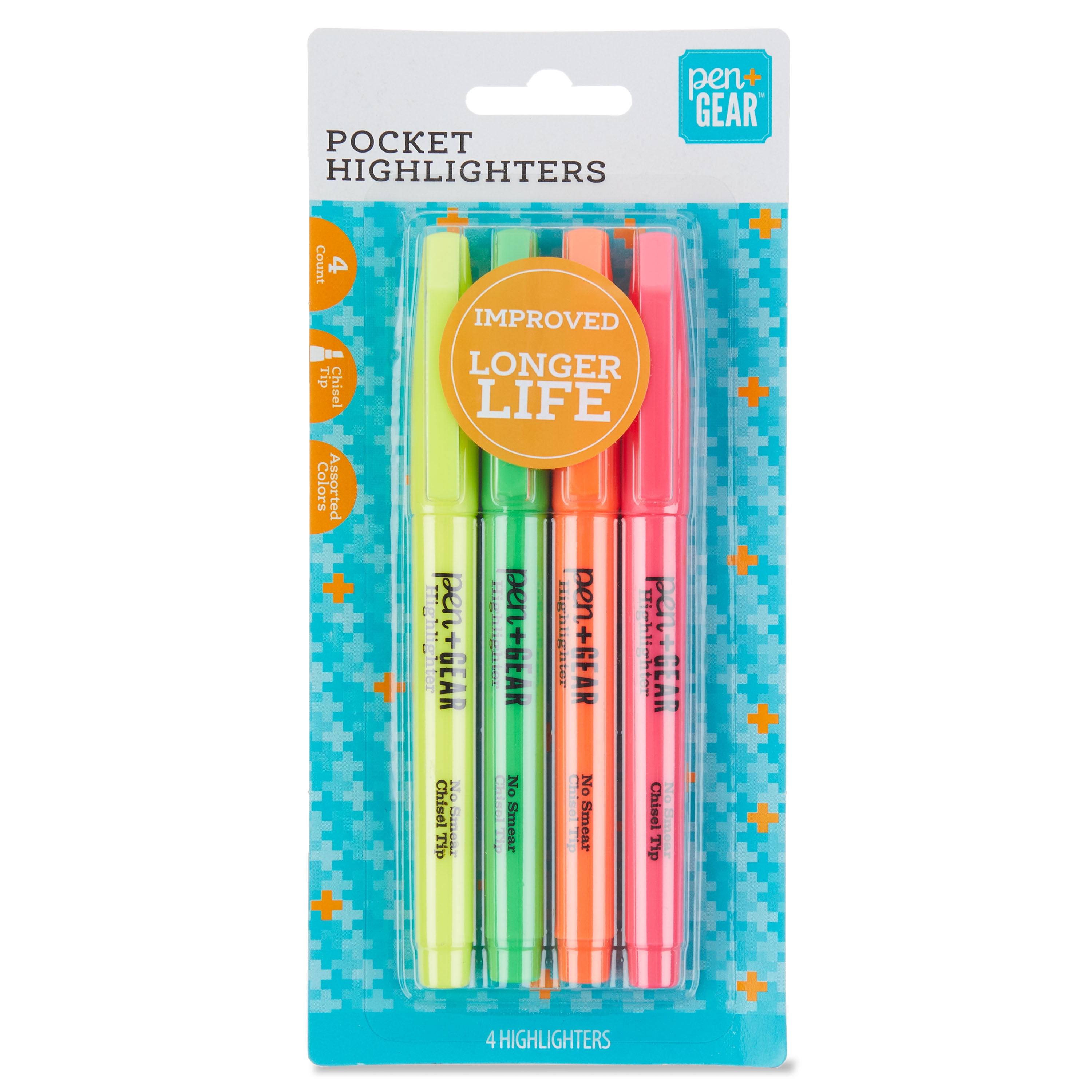 Pen+Gear Pocket Highlighter, Chisel Tip, Translucent Assorted, 4 Count