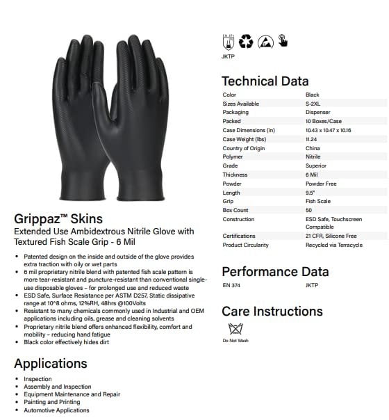 Grippaz Skins, Disposable Gloves, 6 mil Palm, Nitrile, Powder-Free, M ( 8 ), 50 PK, Black