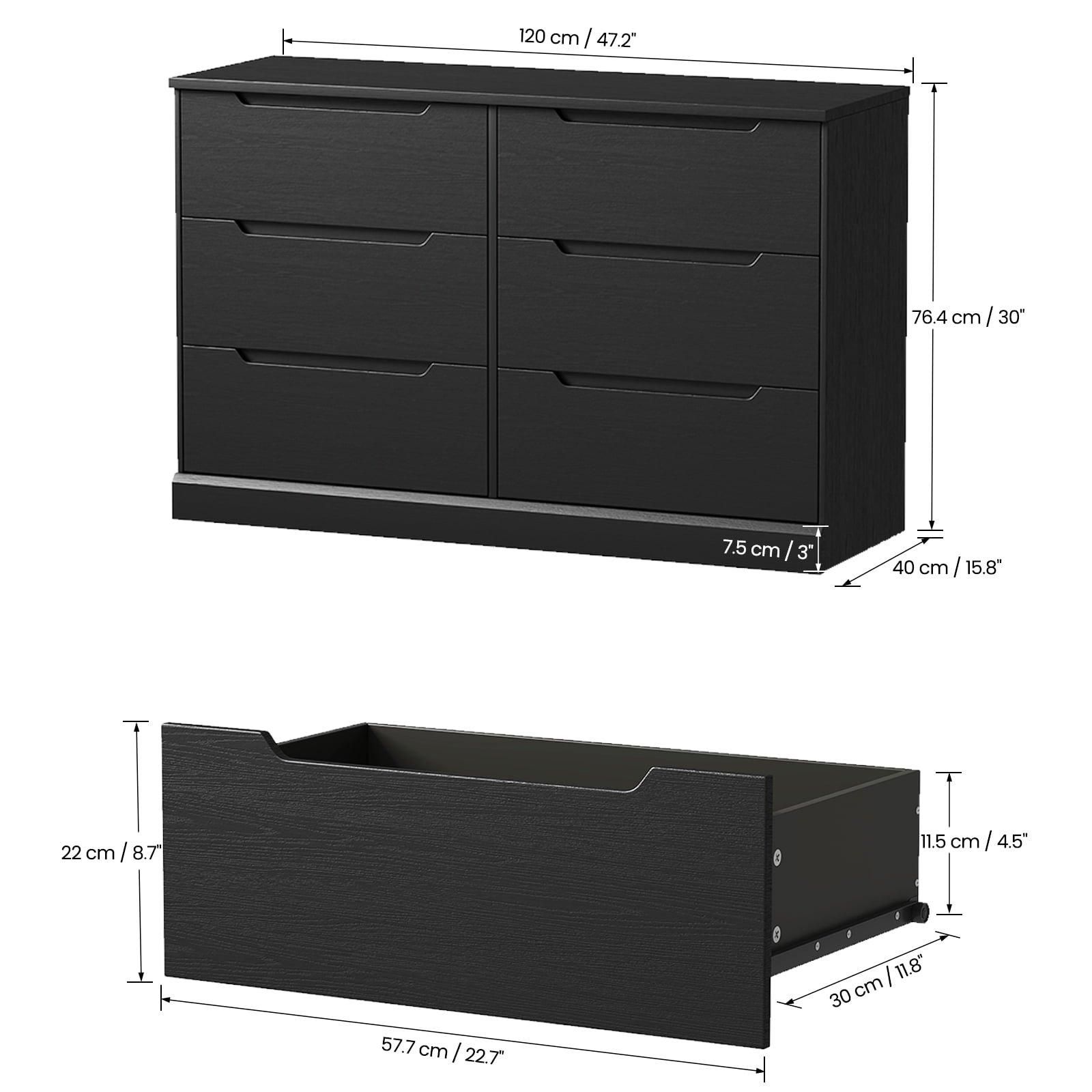 Black Dresser 6 Drawer Dresser for Bedroom, Modern Wooden Closet Dresser Living Room Hallway Entryway Cloakroom Dressing Room