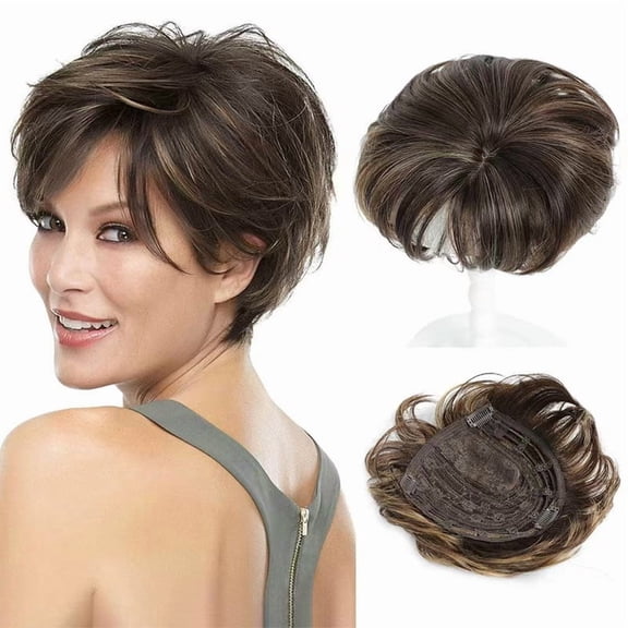 MyLike 5.5 Inch Pixie Cut Synthetic Hair Topper, Natural Curly Clip In Silk Base Short Hair Piece for Women Thinning Hair, Dark Golden Brown Daily Wiglet