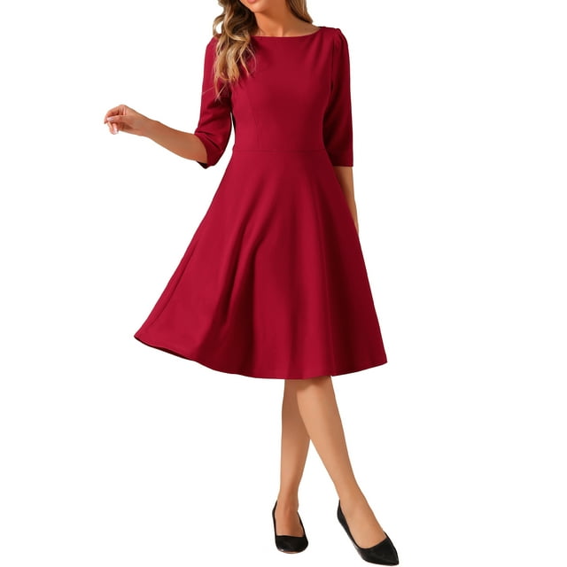 Vestido Inspirador Chic para Trabajar con Cuello Barco, Mangas Cortas, Midi, Acampanado, para Oficina, Talla XS, Rojo