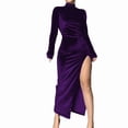 thumbnail image 2 of Women'S Long Sleeve Side Ruched High Slit Maxi Dress Mock Neck Velvet Bodycon Party Club Thigh Split Long Dress M, 2 of 7