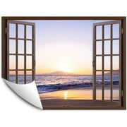 IDEA4WALL Sunset by the Beach in Fake Brown Window Peel and Stick Removable Wall Mural Sticker Decal-36x48 inches