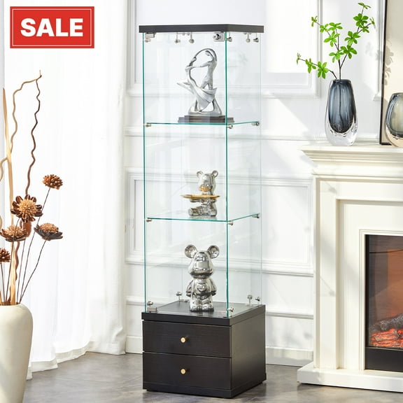 GZXS 59"H Glass Display Cabinet with Removable Shelves and 2 Drawers, Floor Standing Bookshelf, Non-Lit Curio Collection Glass Display Case for Home Office (Black)